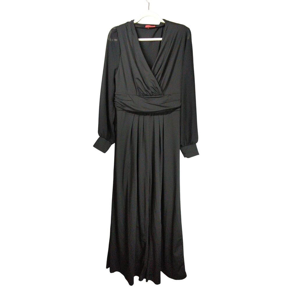 Red Dot Boutique Jumpsuit Womens 1X Black Sheer Sleeves Wide Leg‎ Stretch